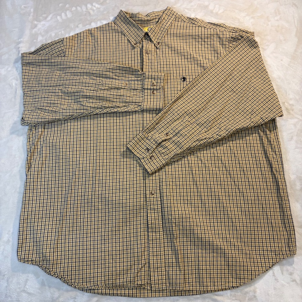Duck Head Mens XXL Plaid Button Down Shirt Tan Navy Blue 100% Cotton Long Sleeve